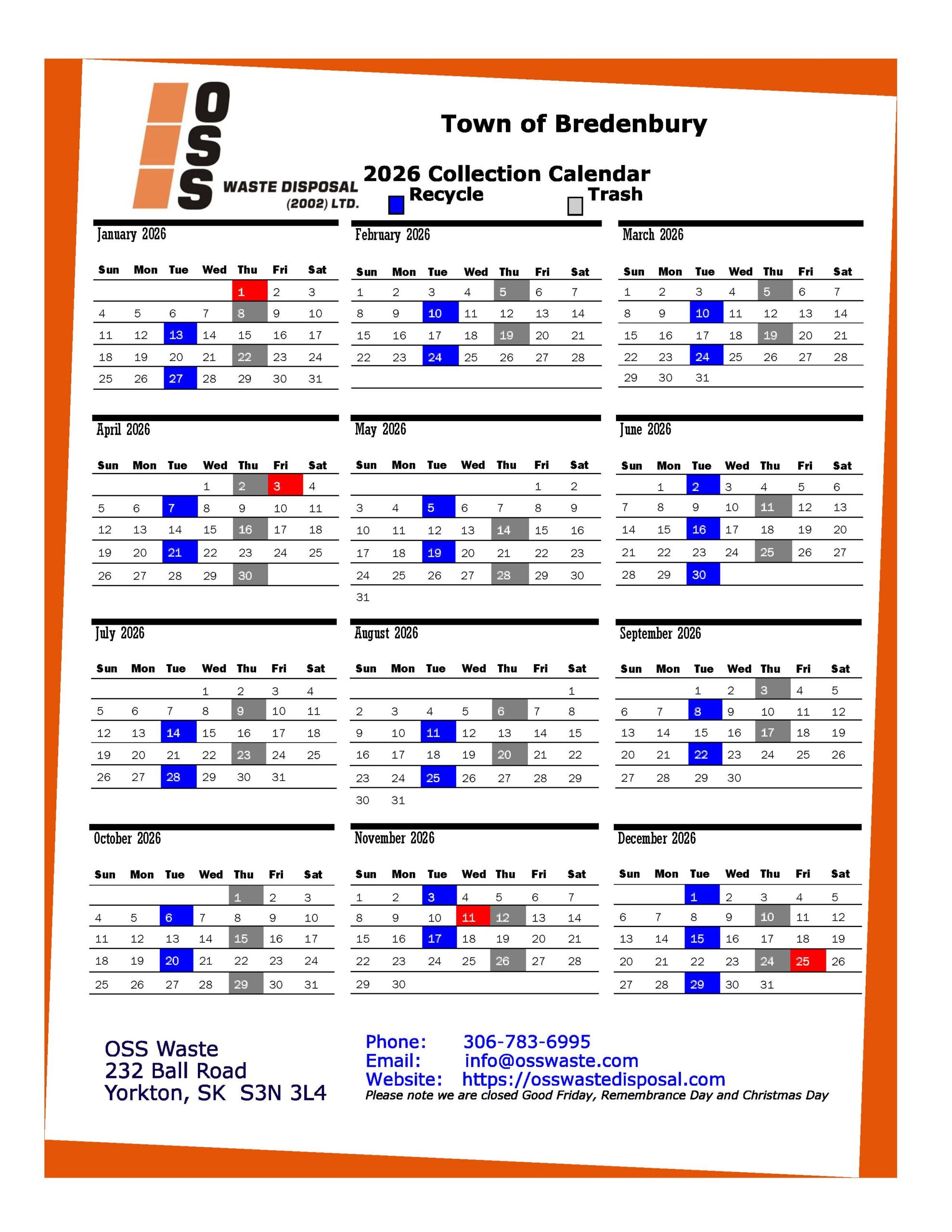 2026 Ottenbreit garbage and recycling collection calendar for Bredenbury. Open the full-size image to read the collection schedule.